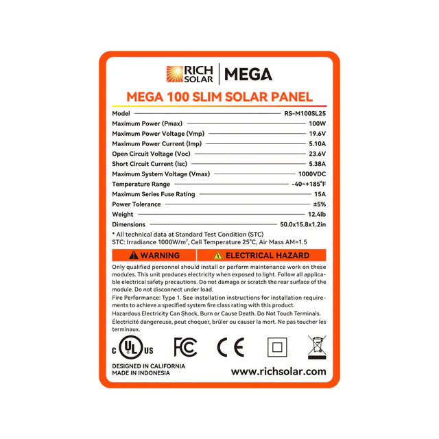 Rich Solar 100W SLIM Solar Panel